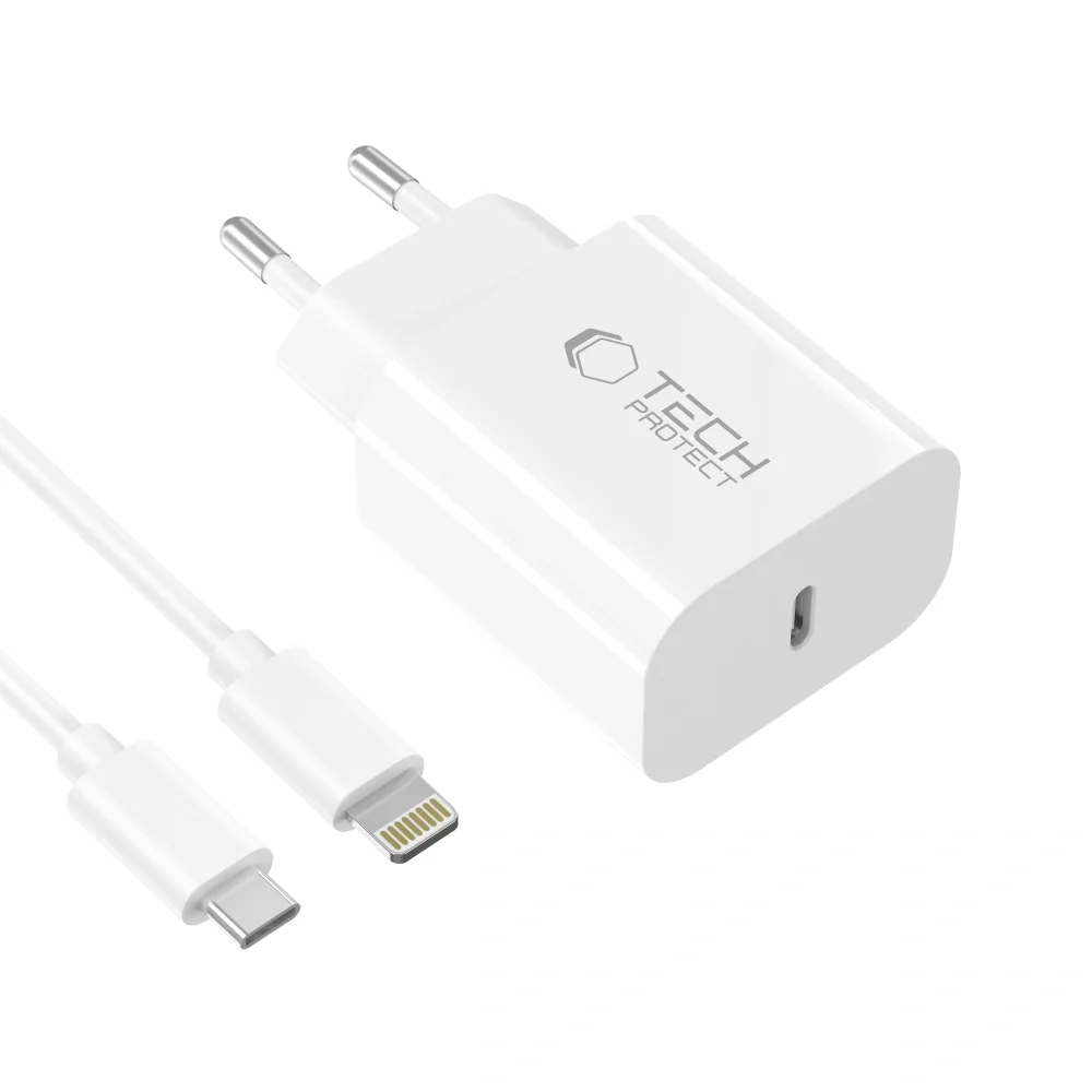 Tech-Protect NC20W sieťová nabíjačka USB-C PD 20W + kábel USB-C / Lightning, biela tning, biela
