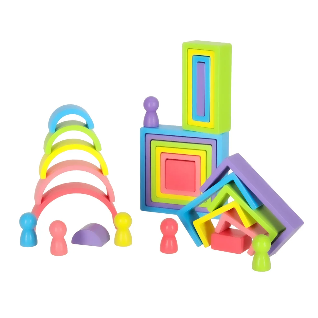 Montessori drevené dúhové puzzle – sada blokov a figúrok