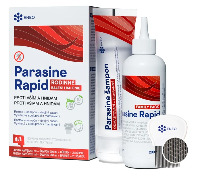 ENEO Parasine Rapid roztok + šampón na vši 2x200 ml hrebeň + čiapka 1 set