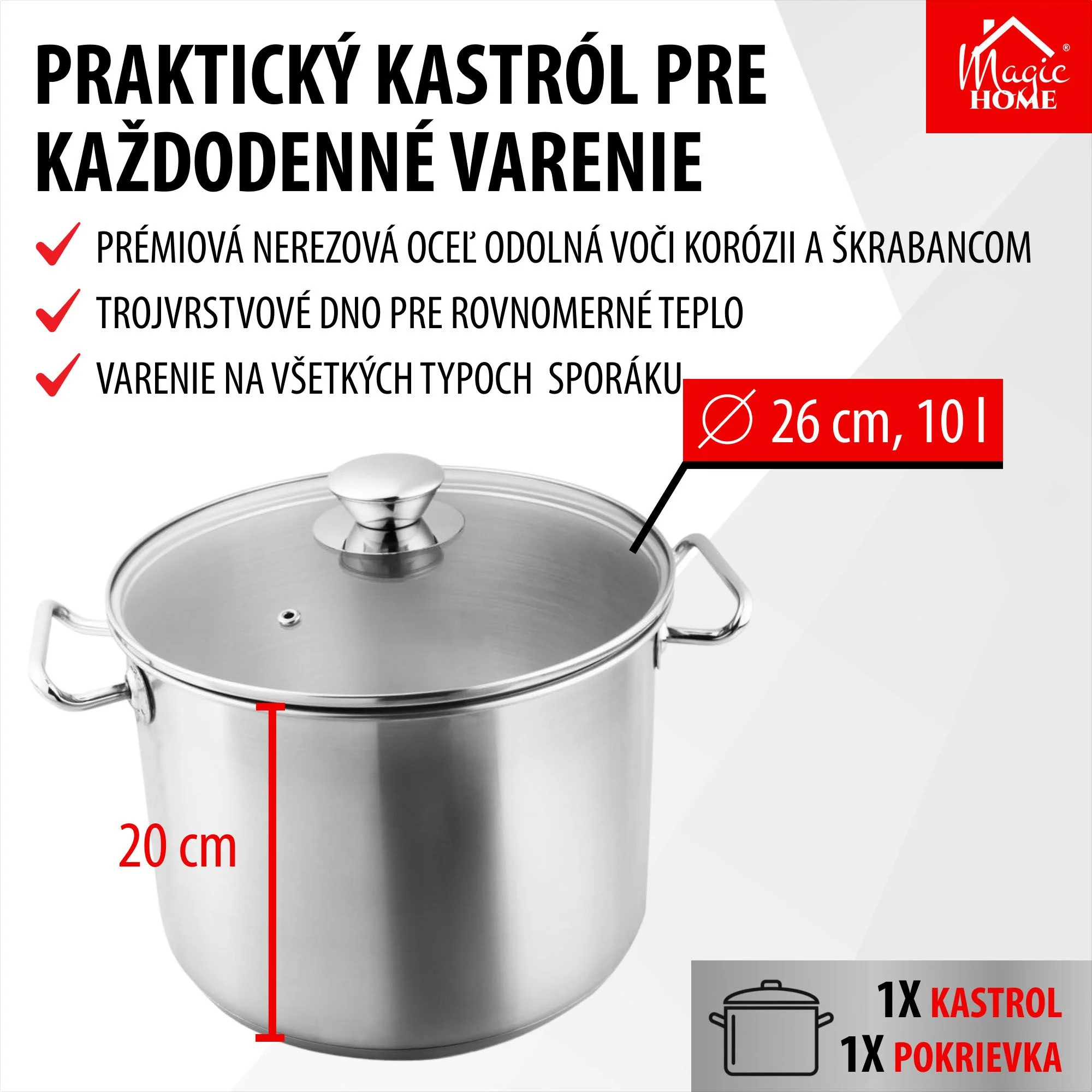 MagicHome hrniec Chloe, 1 ks 26 cm, 10 l, so sklenenou pokrievkou, nerez