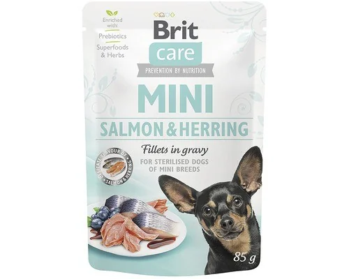 Brit Care Mini Lososové a sleďové filety v omáčke pre sterilizované psy 85 g