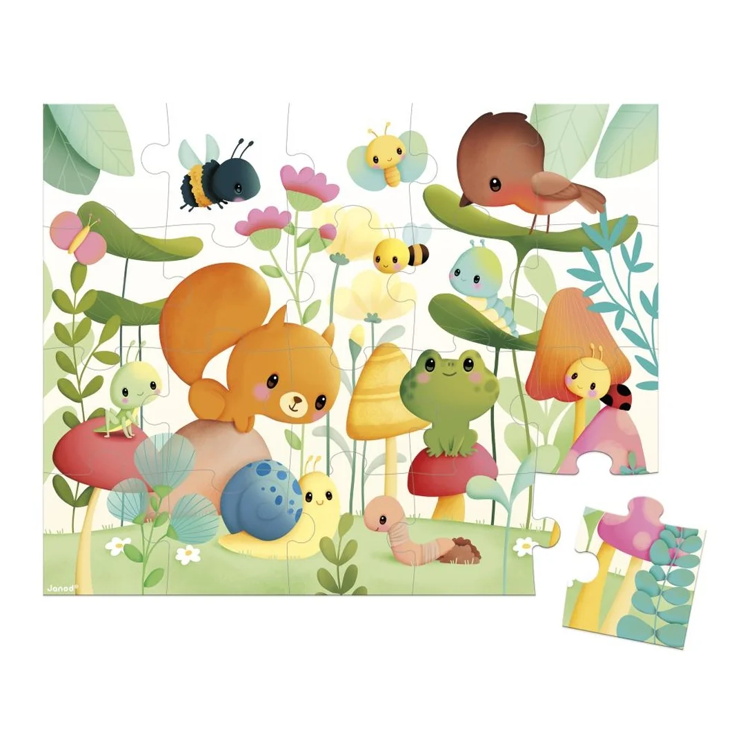 Janod Puzzle v kufríku Záhradné zvieratká 20 ks