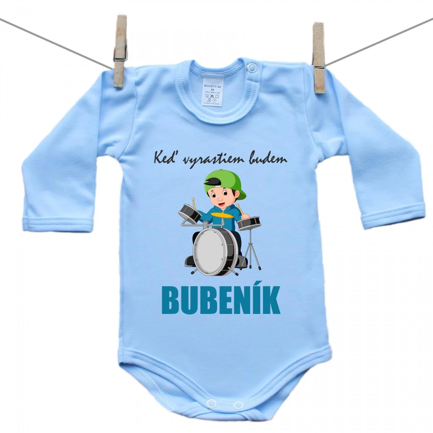 Boodyy Modré body s dlhým rukávom Keď vyrastiem budem bubeník Veľkosť: 56