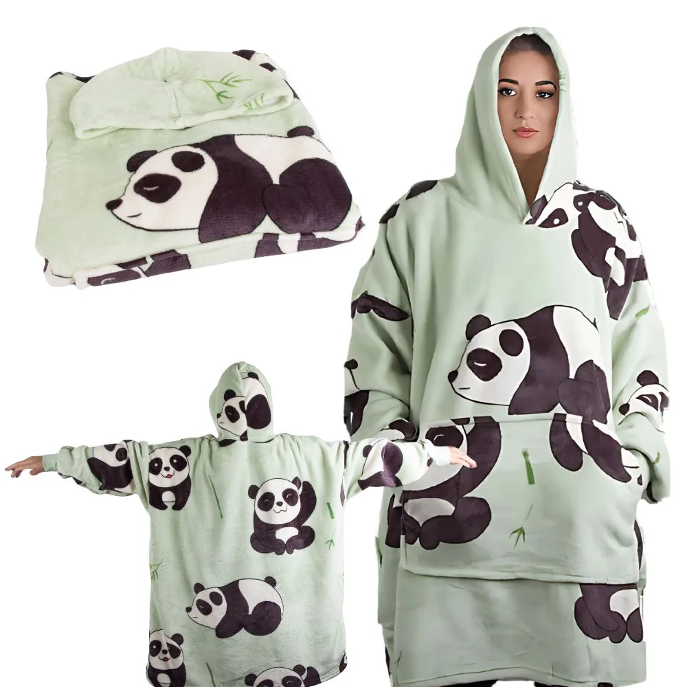 Zelená oversize mikina panda s kapucňou – teplá deka 2v1