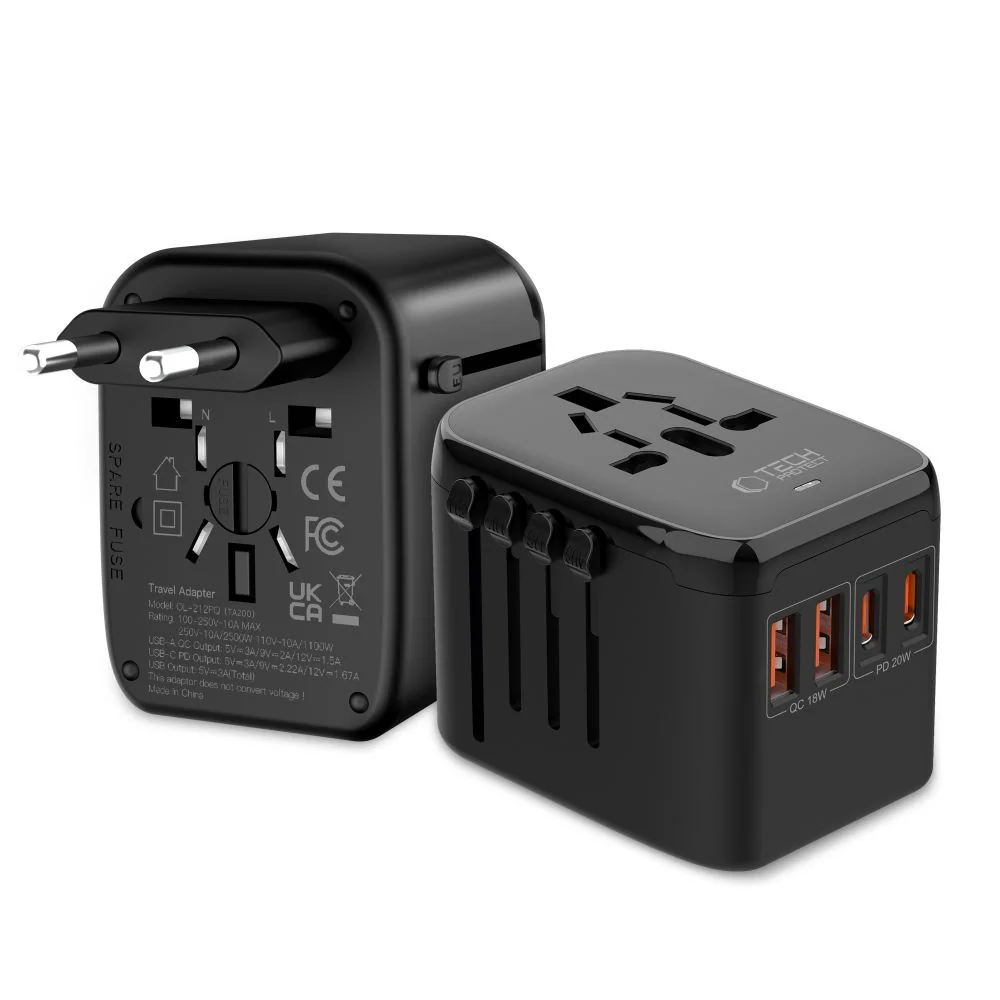 Tech-Protect TA200 cestovný adaptér EU / UK / US / AU, čierny