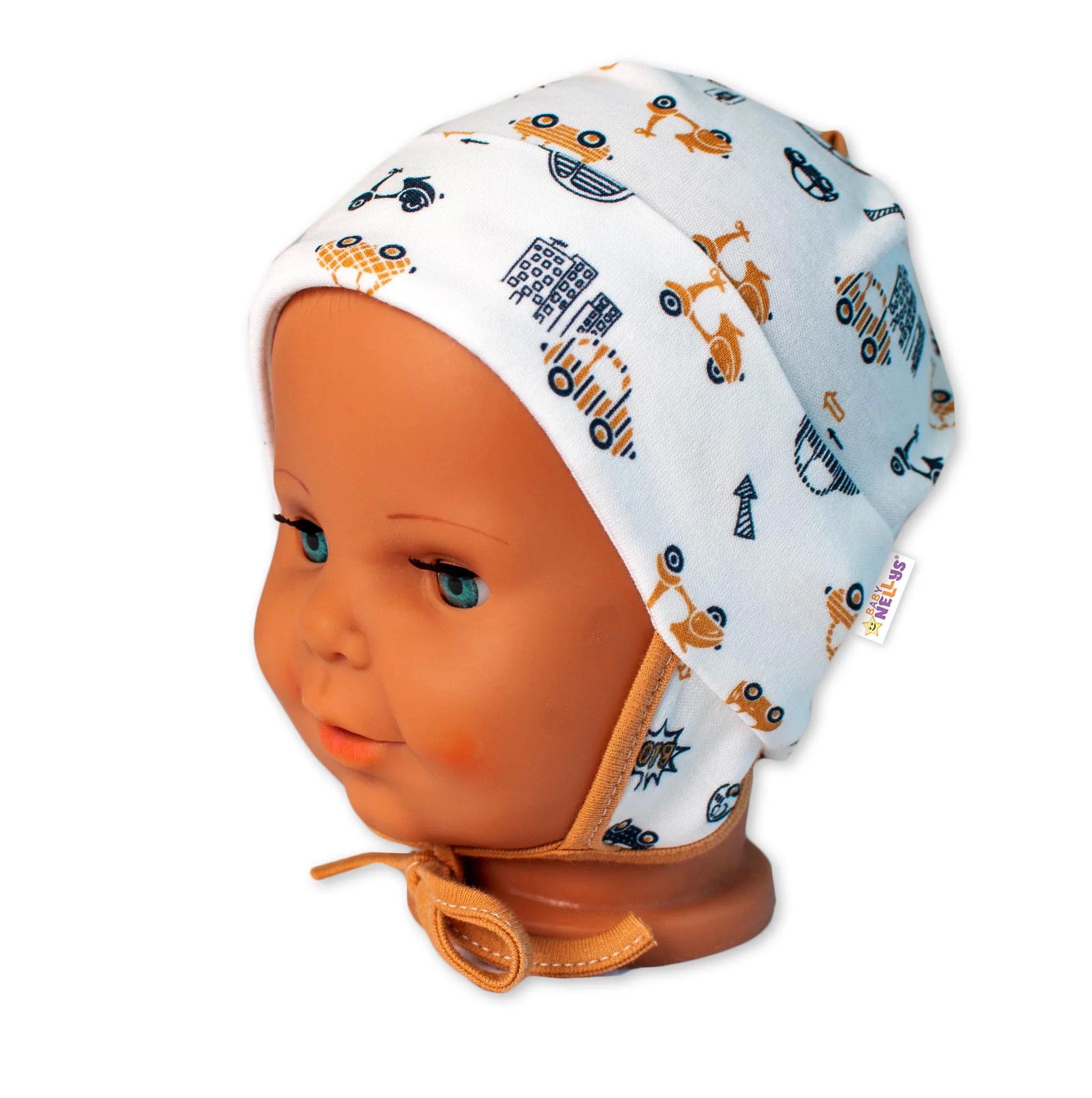 Baby Nellys Bavlnená čiapočka s uškami na zavazování- Car, smotanová / hnedá