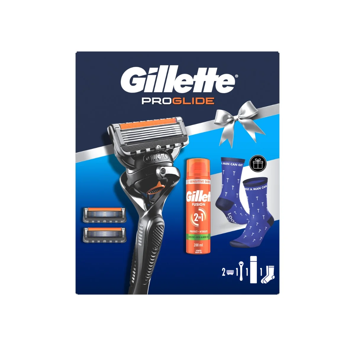 Gillette darčeková sada ProGlide: pánsky holiaci strojček s 5 čepeľami, 2 náhradné hlavice, gél na holenie, ponožky 1 set