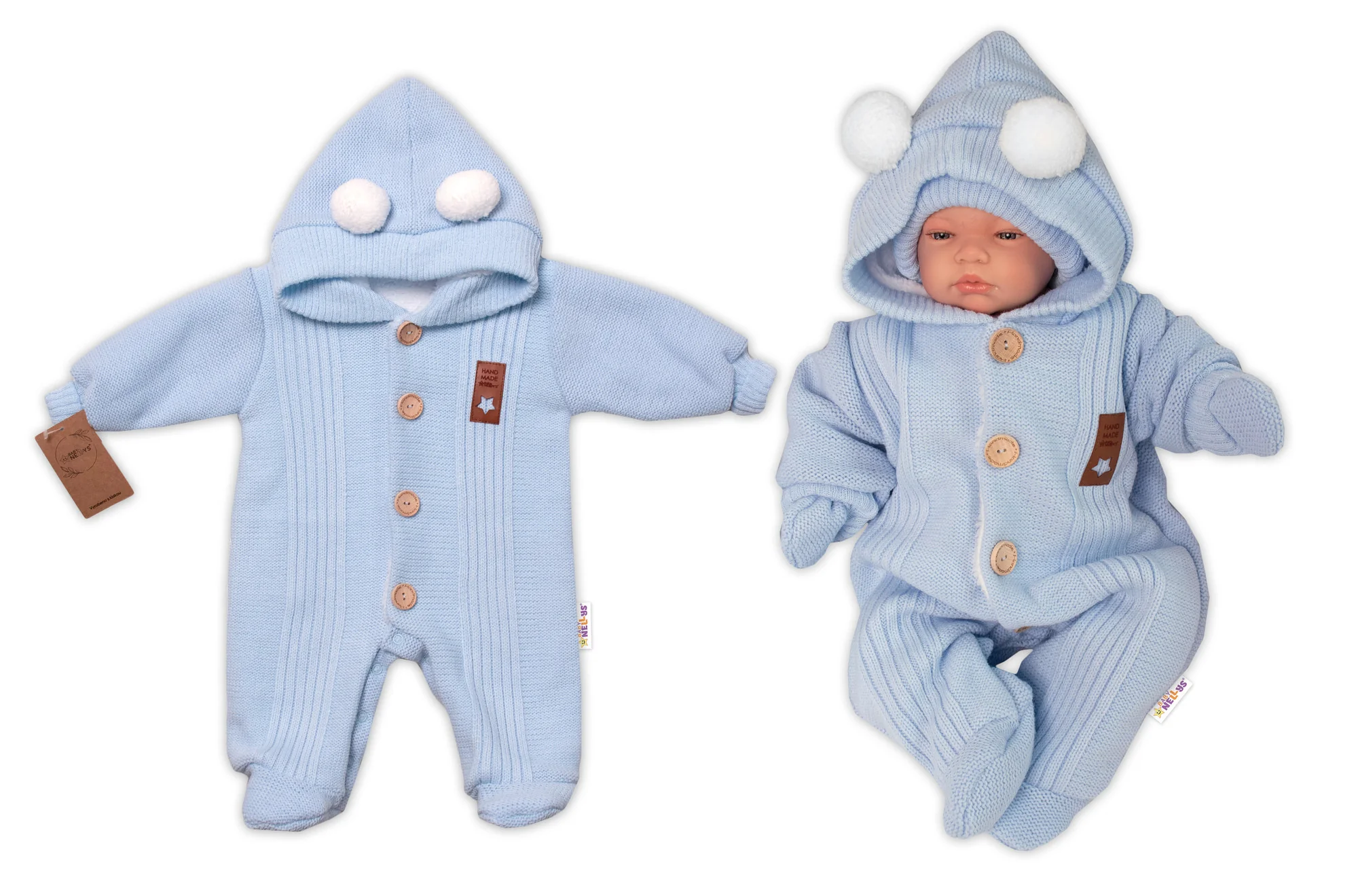 Baby Nellys Pletená kombinéza/overal LUX STAR s kožúškom, dvojvrstvová, sv. modrá, veľ. 68 