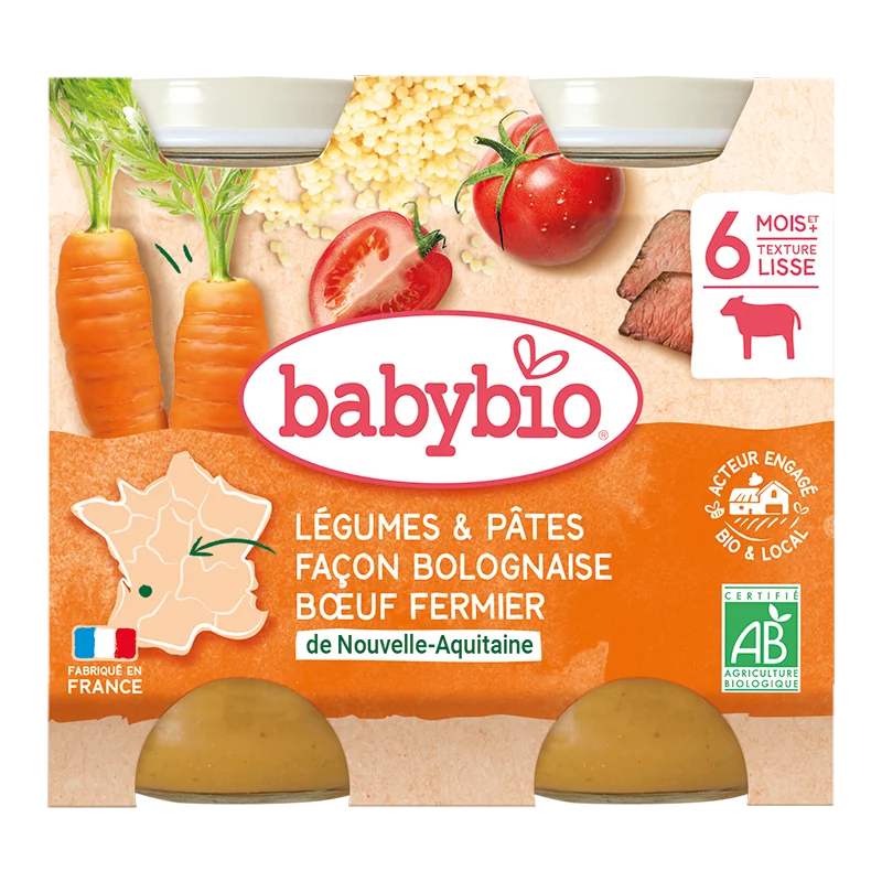 BABYBIO Zelenina s cestovinami na bolonský spôsob s hovädzím (2x 200 g) 2×200 g, mäsozeleninový príkrm