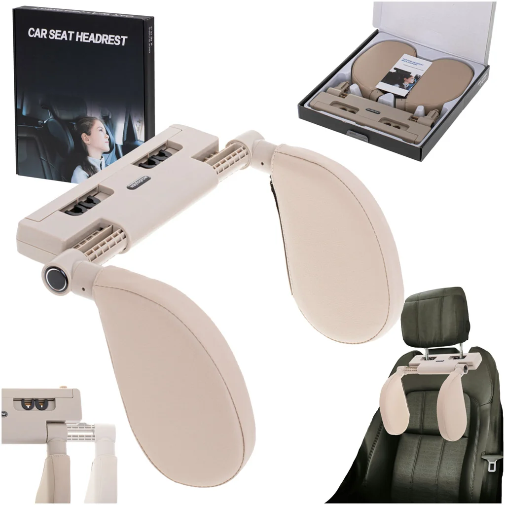 Nastaviteľná béžová opierka hlavy do auta – ergonomický cestovný vankúš