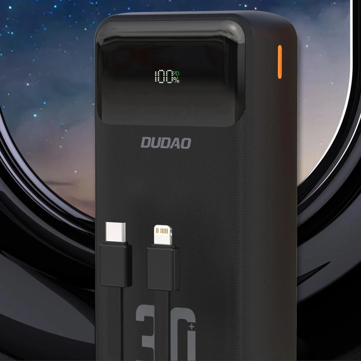 Dudao K15MAX Power Bank 30000mAh USB / USB-C / Lightning + vstavané ká ble 22.5W, čierny