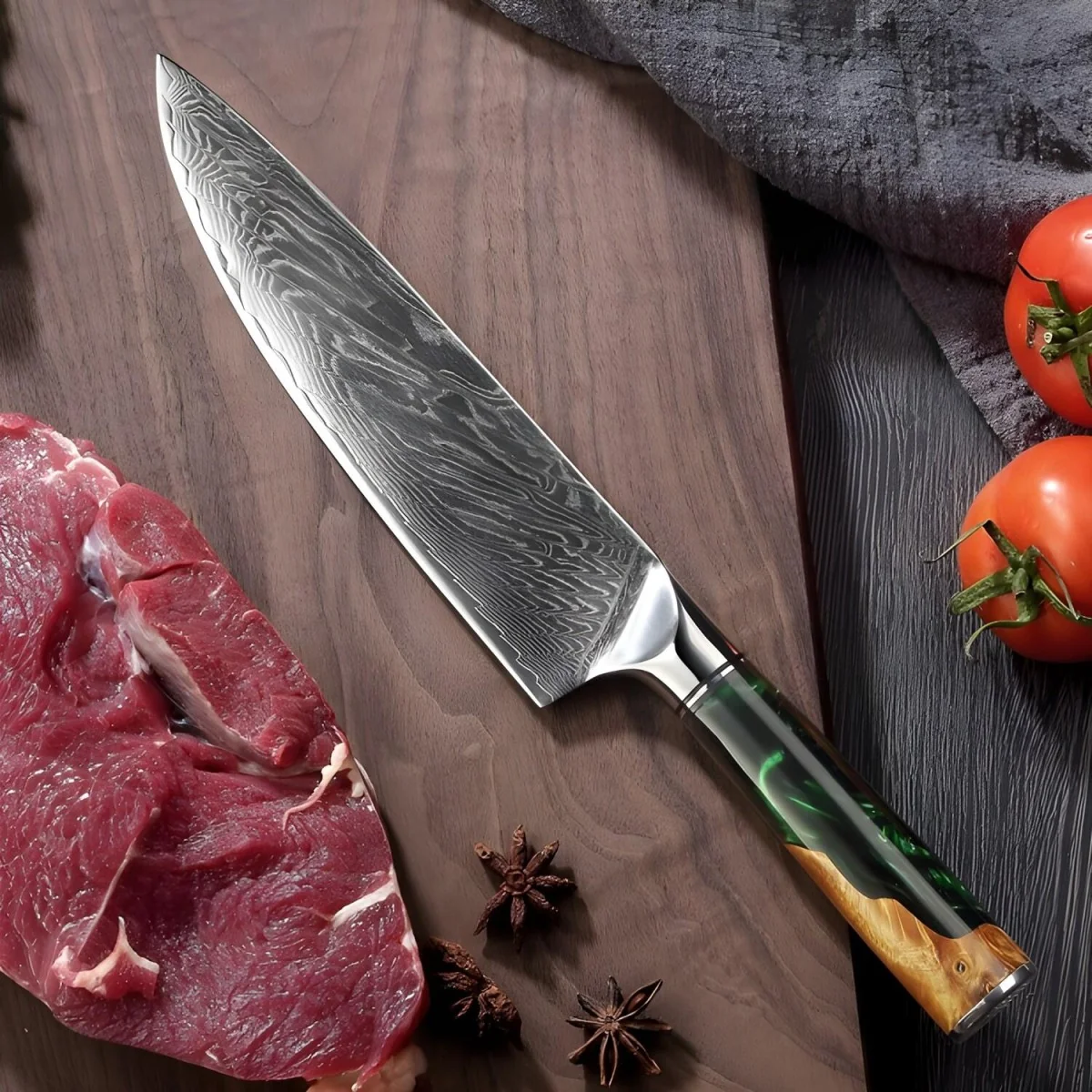 Damaškový kuchynský nôž - Zelená 1 ks, chef knife, oceľ