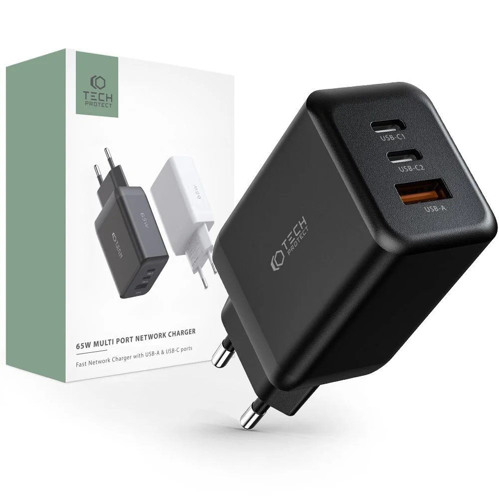 Tech-Protect Multi Port sieťová nabíjačka USB / 2x USB-C QC 65W, čierna a