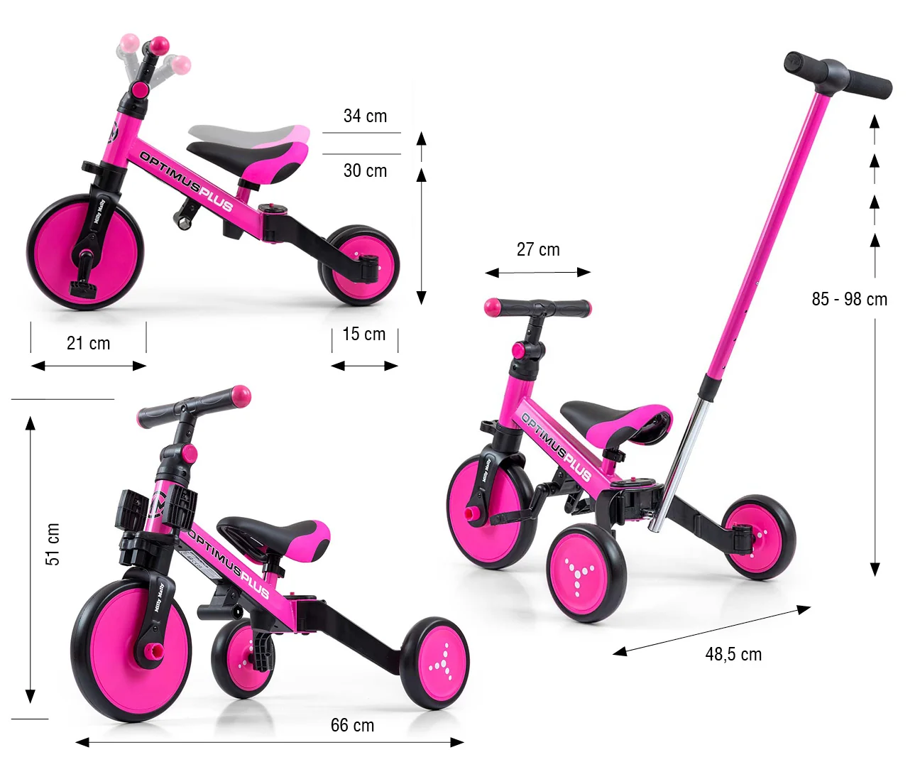 Balančná trojkolka, bicykel, odrážadlo a vodiaca tyč, Optimus Plus 4 v 1, ružová