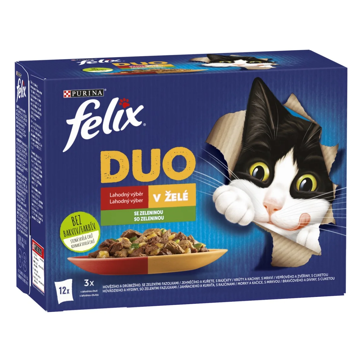 Felix Fantastic DUO kapsičky pre mačky hovädzie a hydinové, jahňacie a kura, morka a kačica, bravčové a divina 12×85 g 12×85 g, kapsičky pre mačky