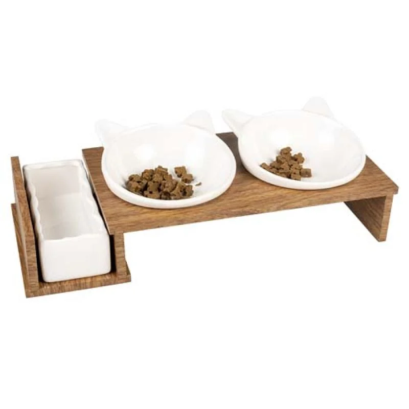 DUVO+ Sada keramických misiek pre mačky na drevenom stojane 250ml+350ml/41,5x18,5x11cm 