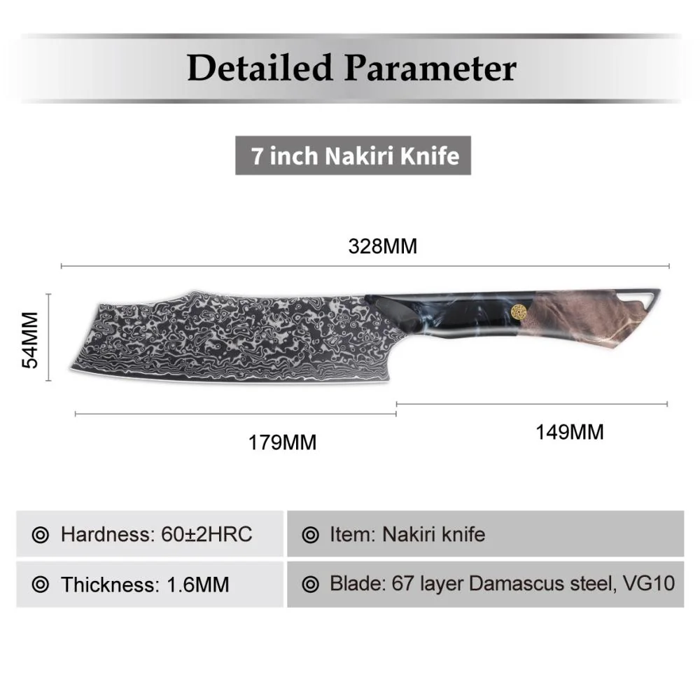 Damaškový kuchynský nôž Tetsu-Nakiri/Modrá 7-palcová čepeľ, ergonomická rukoväť