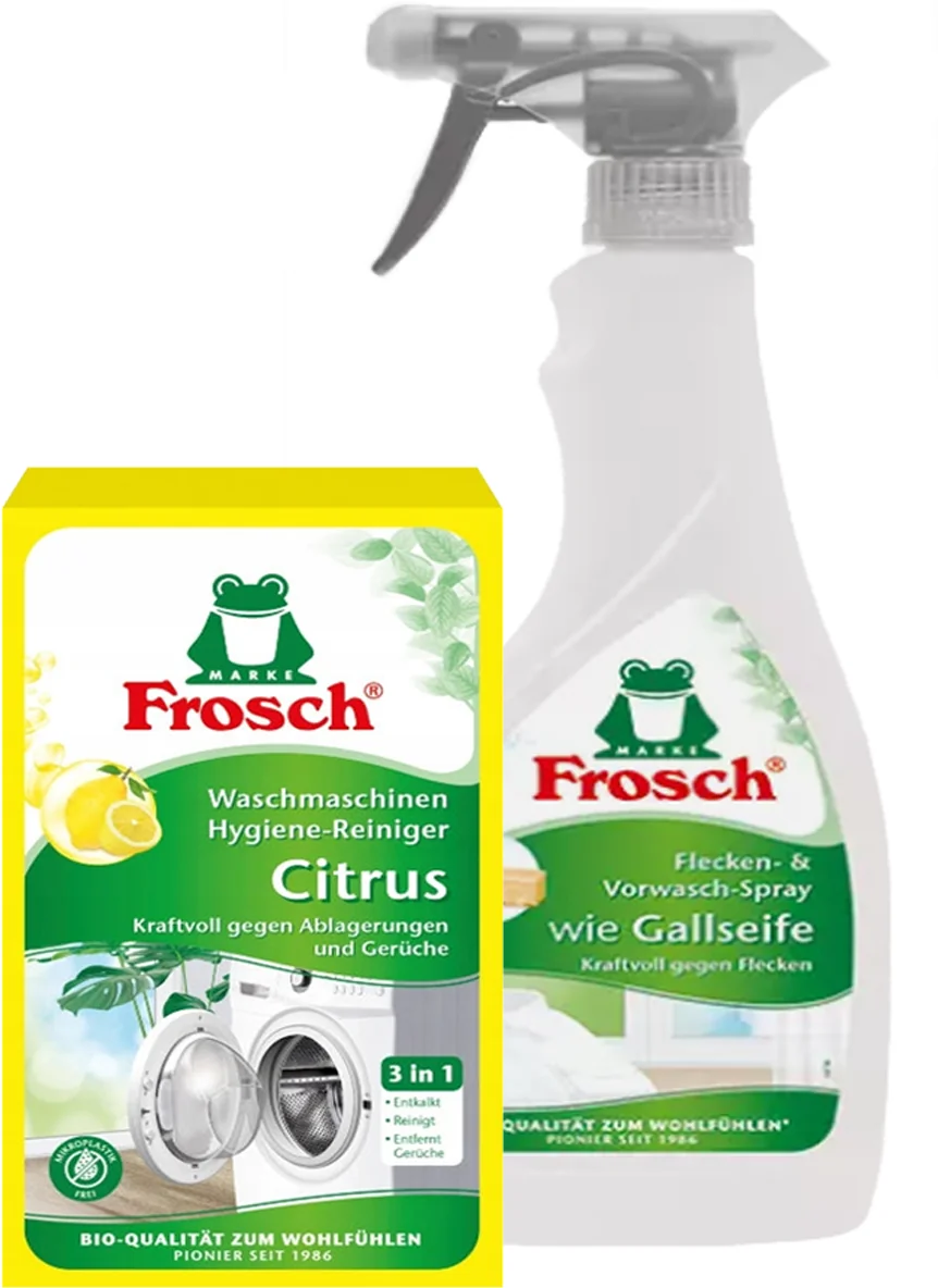 FROSCH Hygienický čistič práčky Citrón 250 g + Odstraňovač škvŕn "Žlčové mydlo" 500 ml