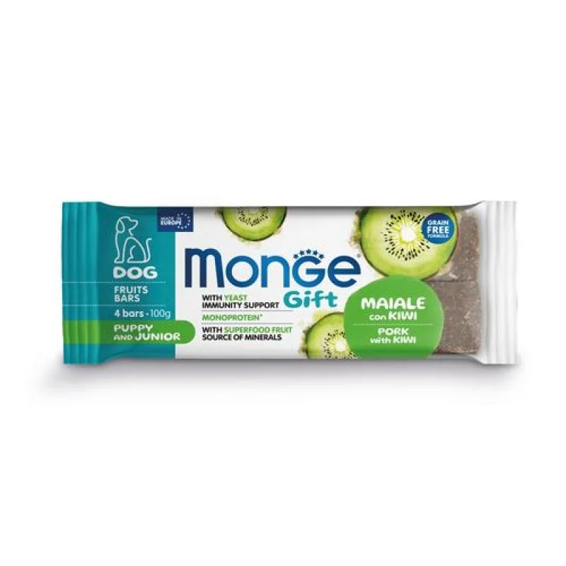 MONGE GIFT Fruit bars Puppy and Junior 100g/4ks ovocné tyčinky pre šteňatá s bravčovým mäsom a kiwi