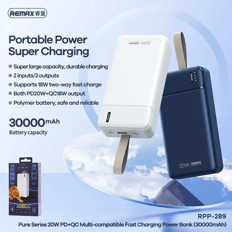 Remax RPP-289 Power Bank 30000mAh USB / USB-C 20W, modrá