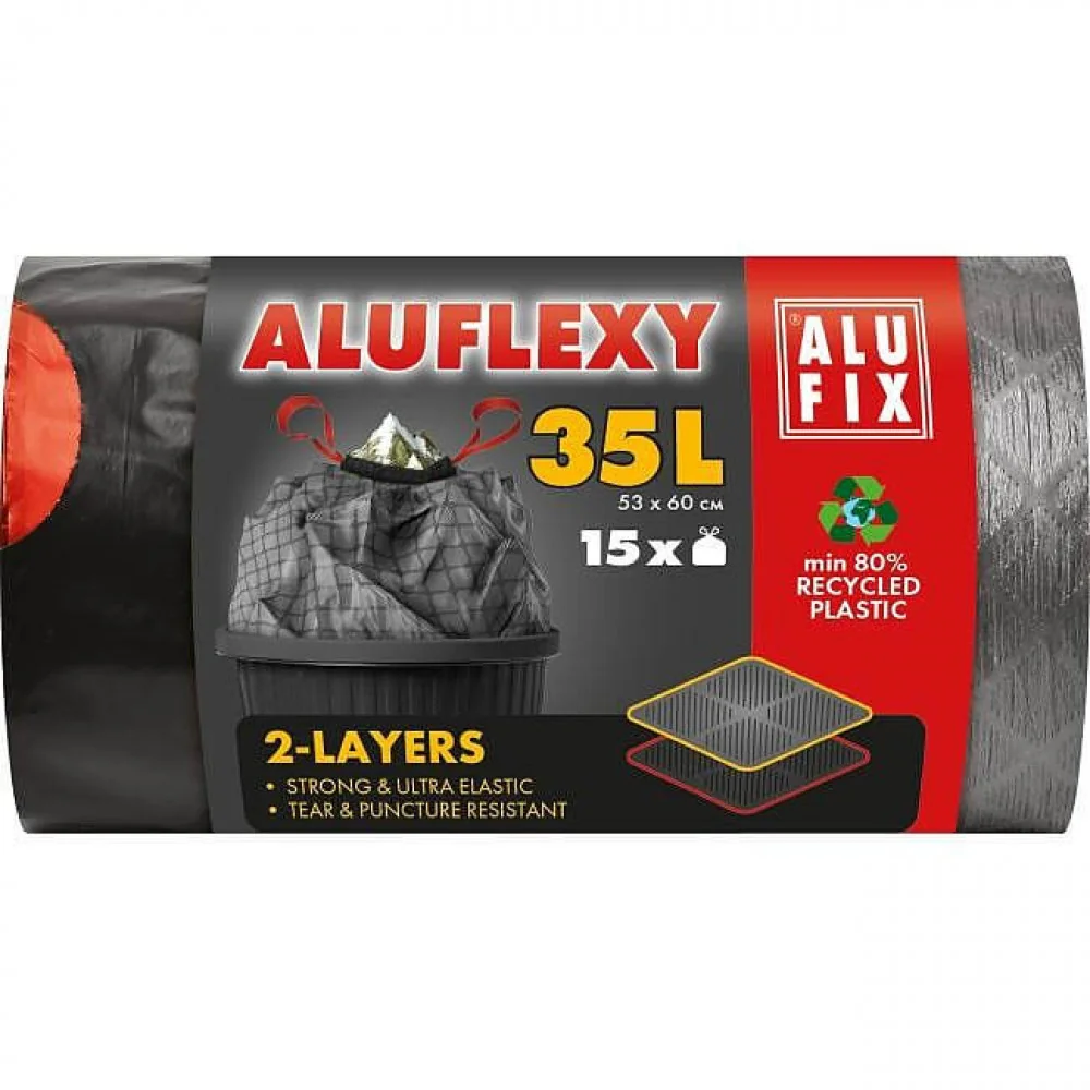 4x Sáčky do koša zaťahovacie STRONG 35 l / 15 ks, 28my, LDPE 2- vrstvové, 53 x 60cm-Alufix