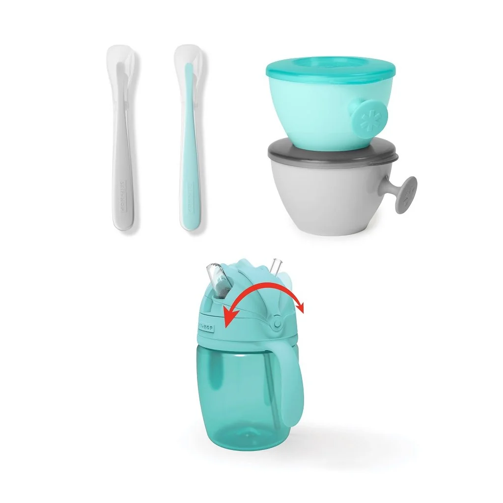 Set jedálenský s hrnčekom 5 ks Easy-Feed Mealtime Set Teal/Grey 6m+