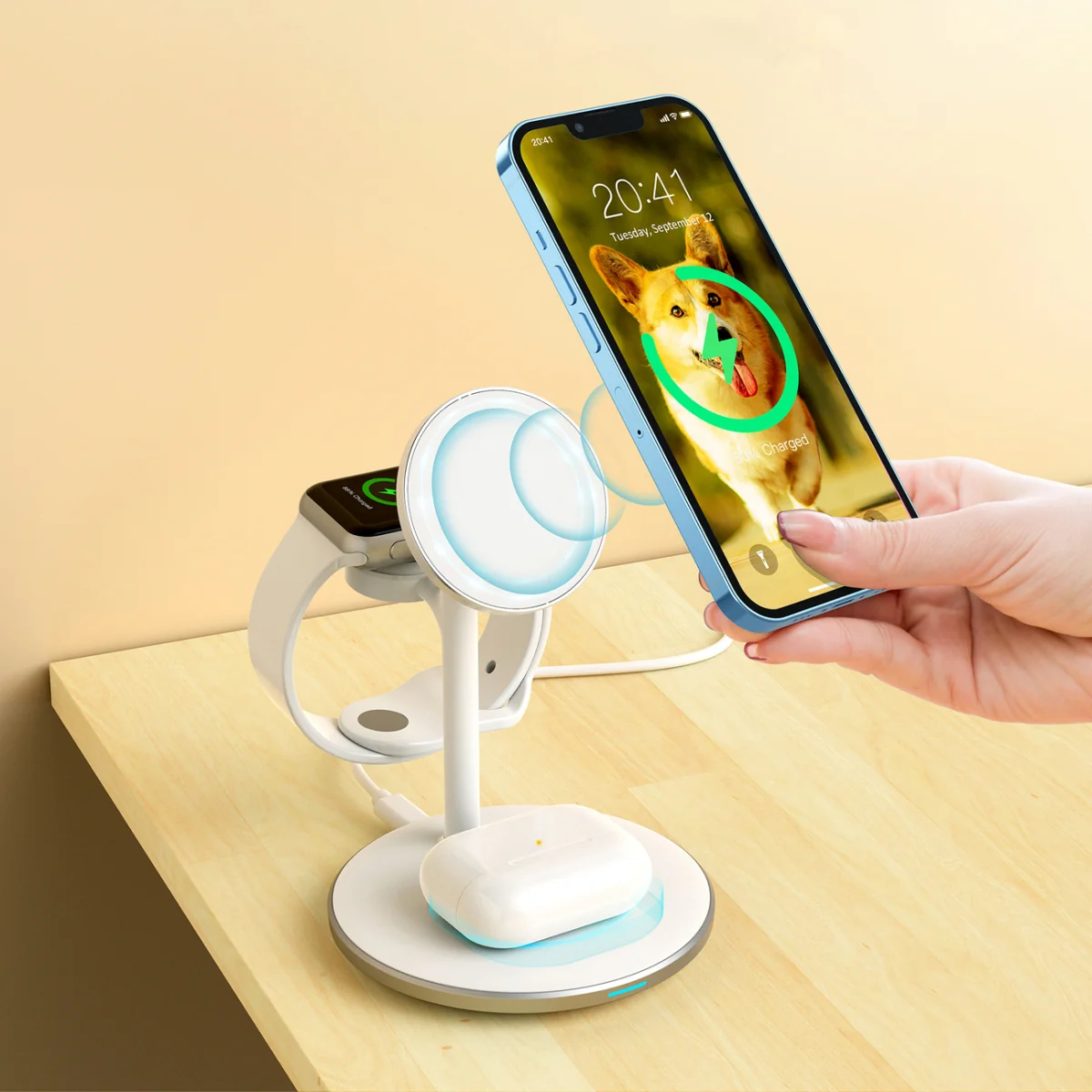 Choetech T585 MagSafe bezdrôtová nabíjačka na mobil / Apple Watch / Ai rpods, biela