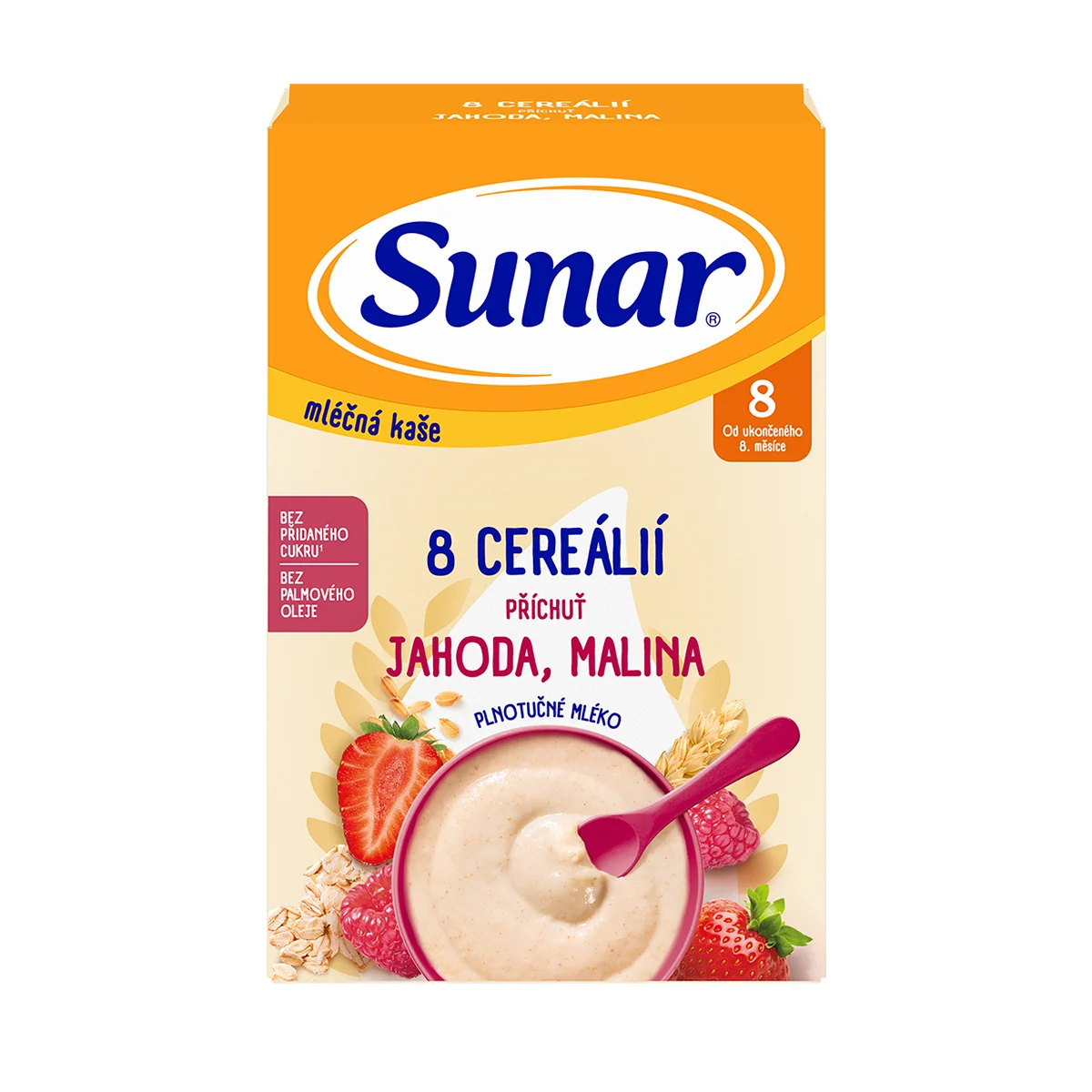 Sunar mliečna kaša 8 cereálií príchuť jahoda, malina 1×210 g, instantná, obilno-mliečna kaša, od ukončeného 8. mesiaca