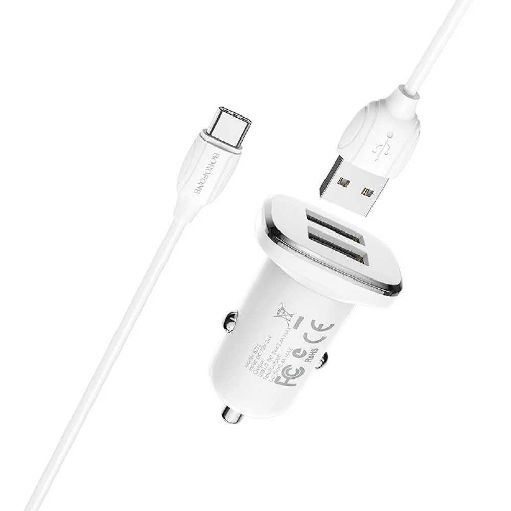 Nabíjačka do auta s káblom - 2x USB - Biela