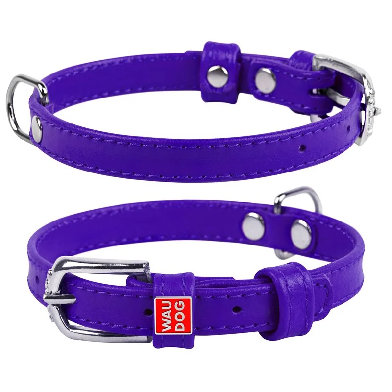 Plochý kožený obojok fialovej farby, Obvod krku: 19-25 cm, širka: 9 mm