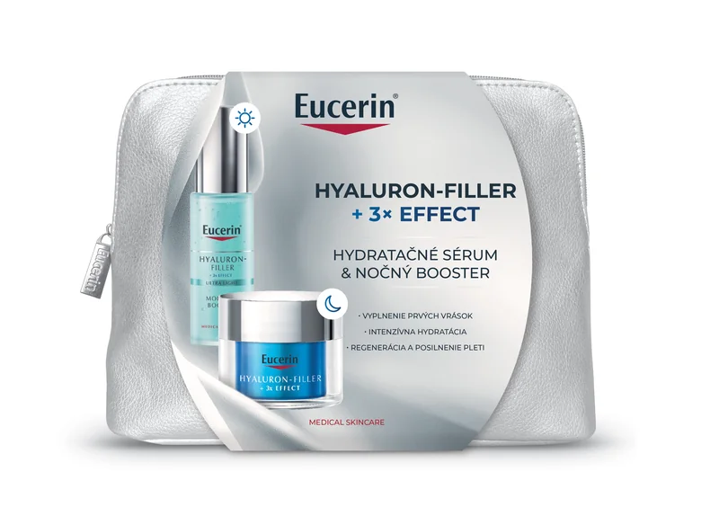 Eucerin Vianočná taštička HYALURON-FILLER + 3x EFFECT Hydratačný booster sérum + Nočný hydratačný booster 1×1 set, darčekové balenie