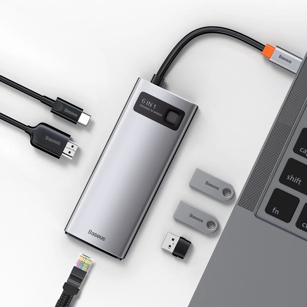 Baseus Metal Gleam HUB adaptér USB-C - USB-C, 3x USB, HDMI, RJ45, šedý