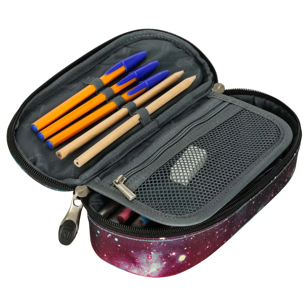 Polstrovaný školský peračník s chlopňou a vreckom na zips, nebula