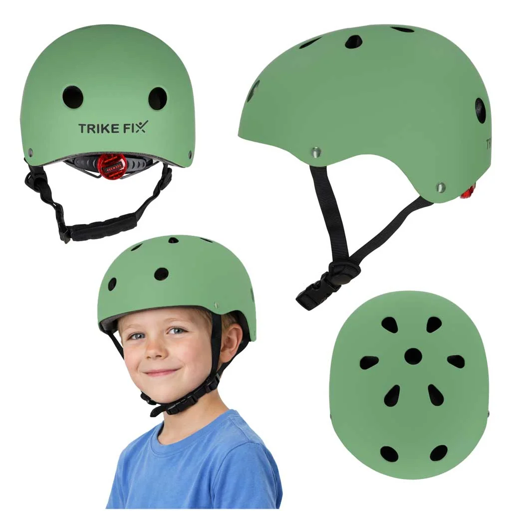 Detská cyklistická prilba s LED, veľkosť S 48–54 cm, tmavozelená