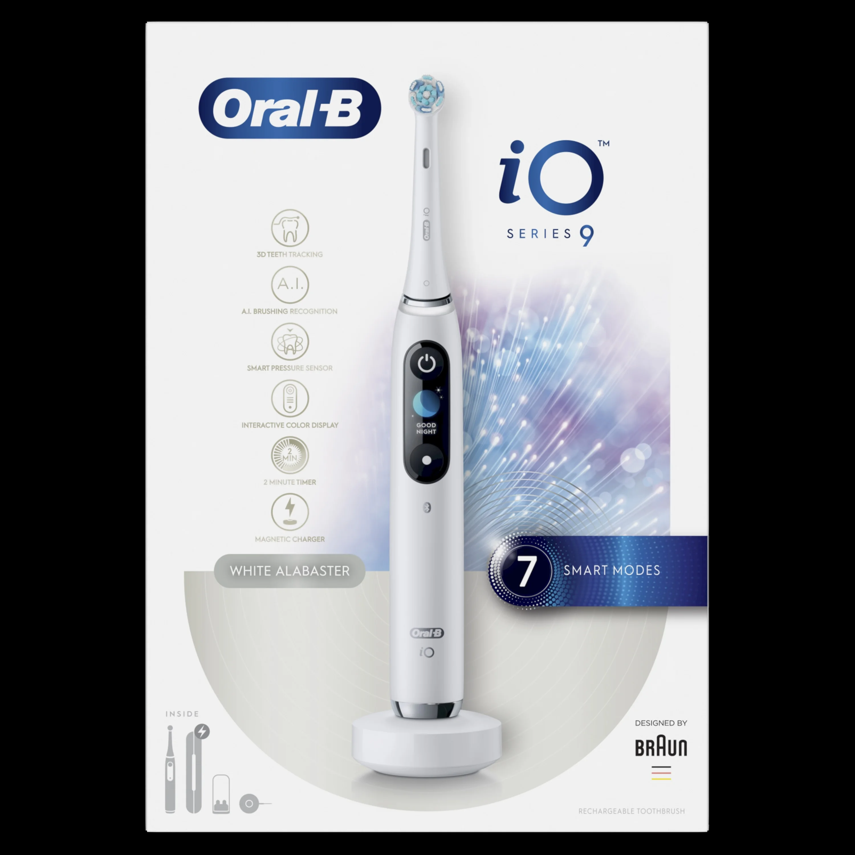 Oral B EK iO Series 9 White alabaster + držiak zubnej kefky + cestovné púzdro 1×1 set, elektroniícká zubná kefka