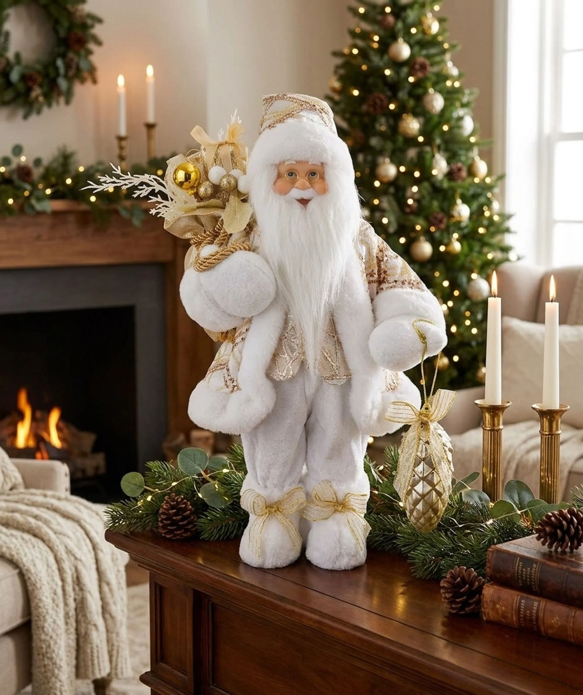 MagicHome vianočný Santa, 1 ks Textil, zlatý, 28x37x80 cm