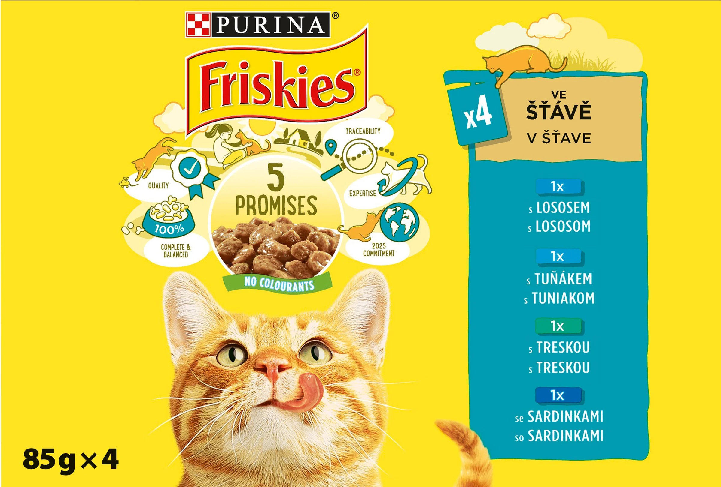 FRISKIES Multipack (4x85g) losos/tunak/treska/sardinky 4×85 g, kompletné krmivo pre dospelé mačky