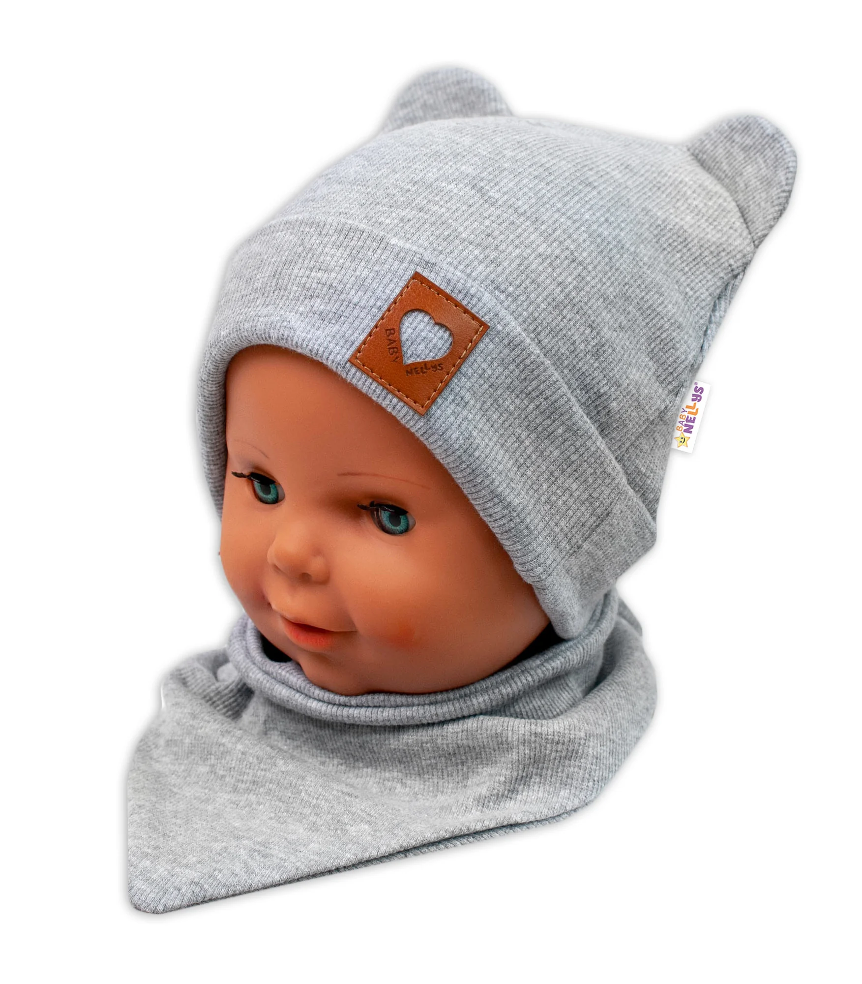 Baby Nellys Rebrovaná dvojvrstvová čiapka s uškami + šatka TEDDY - sivý melír