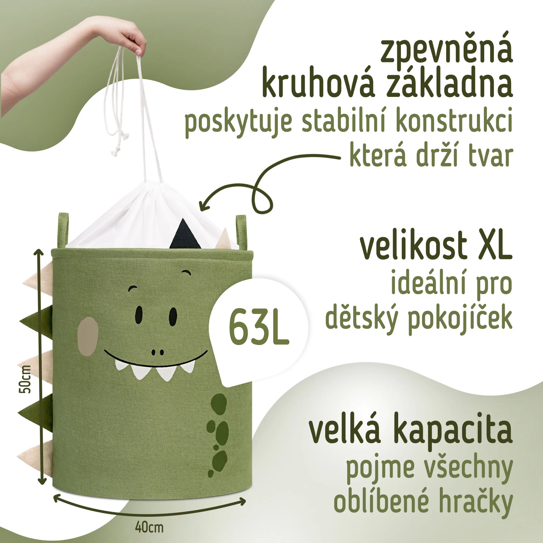 SIPO Premium kôš na hračky XL so šnúrkou, skladací, 63 l, Dino