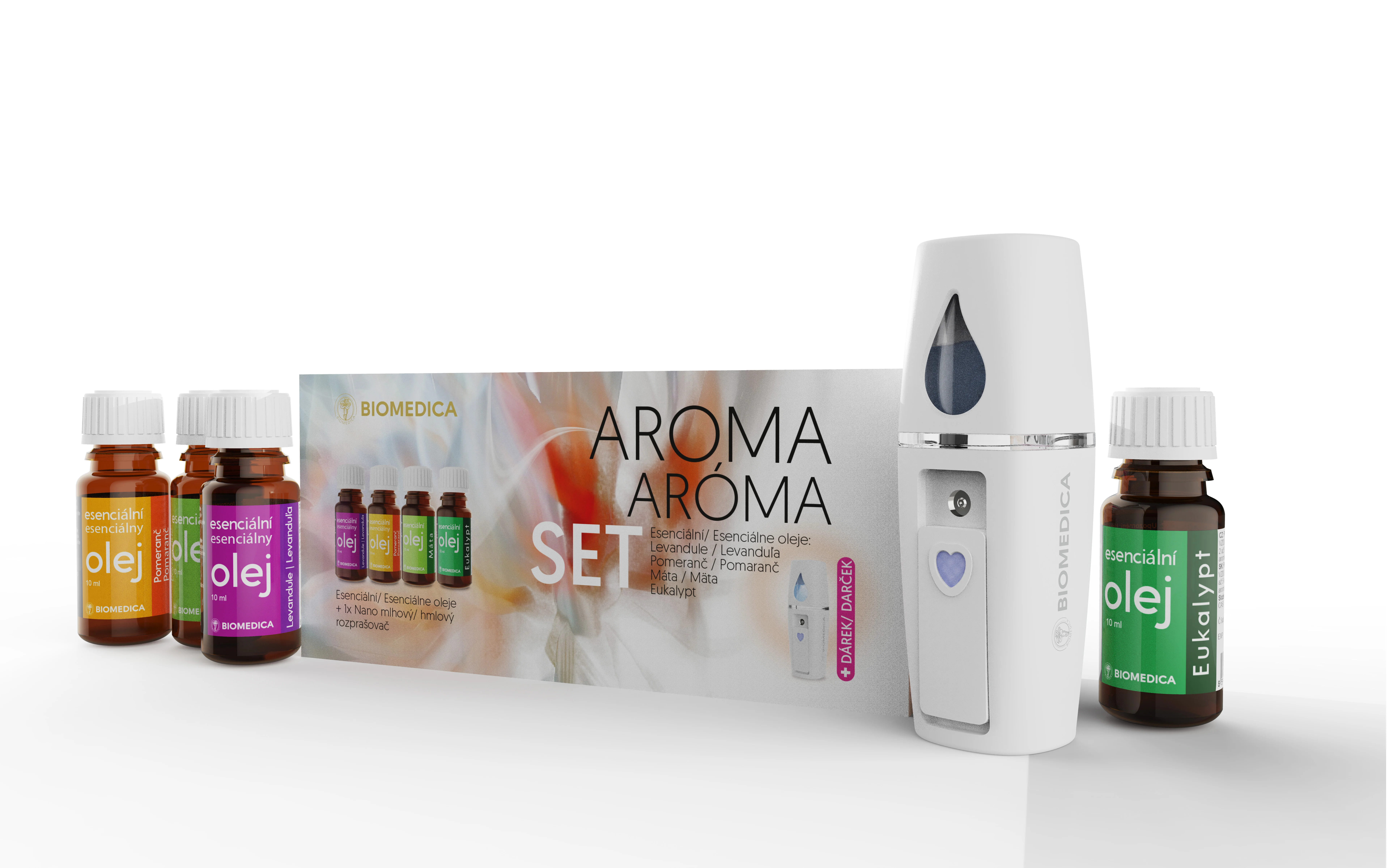Biomedica ARÓMA SET 4x10 ml Esenciálne oleje + DARČEK 1x Nano hmlový rozprašovač 4×10 ml