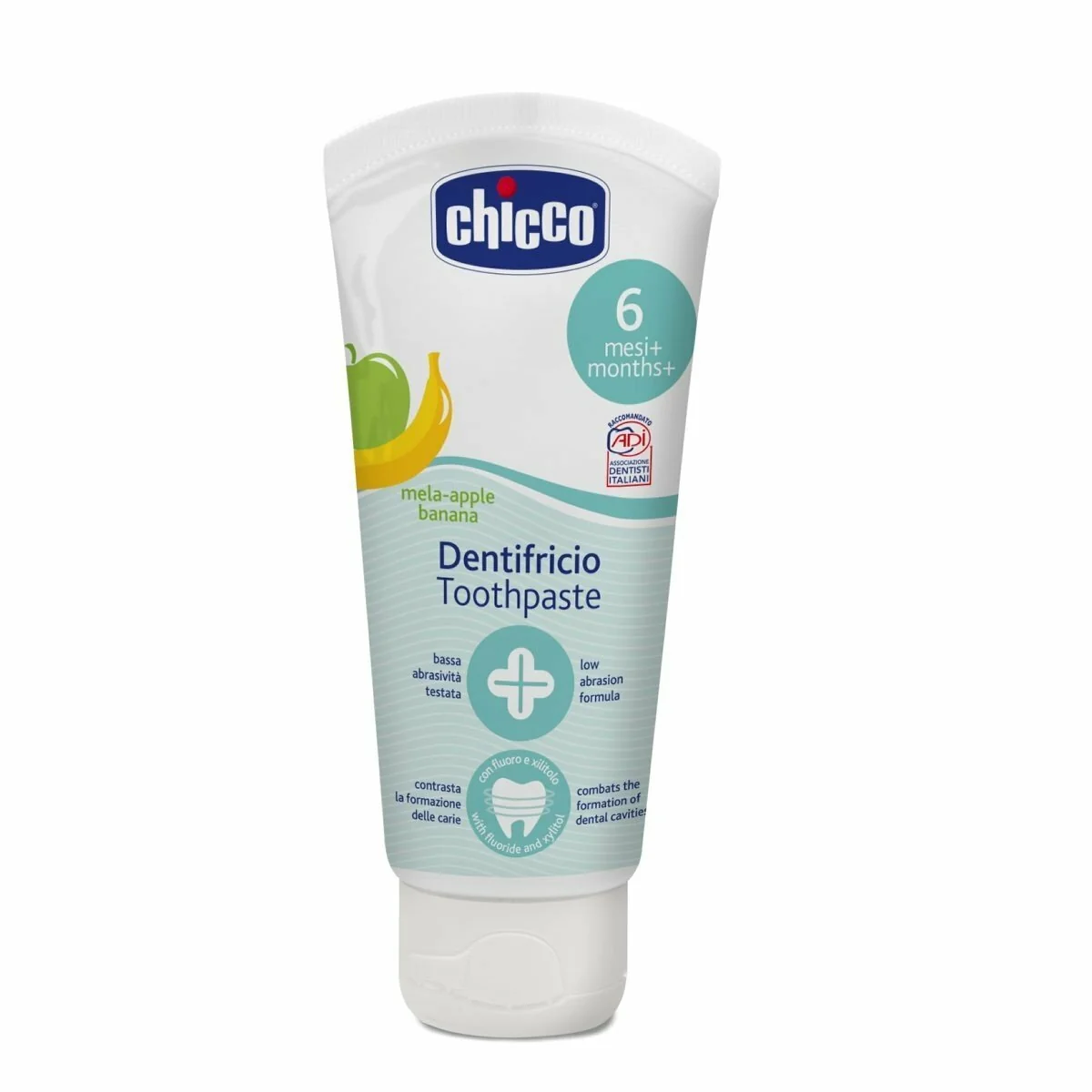 Chicco Zubná pasta s fluorom s príchuťou banán, jablko, 6m+
