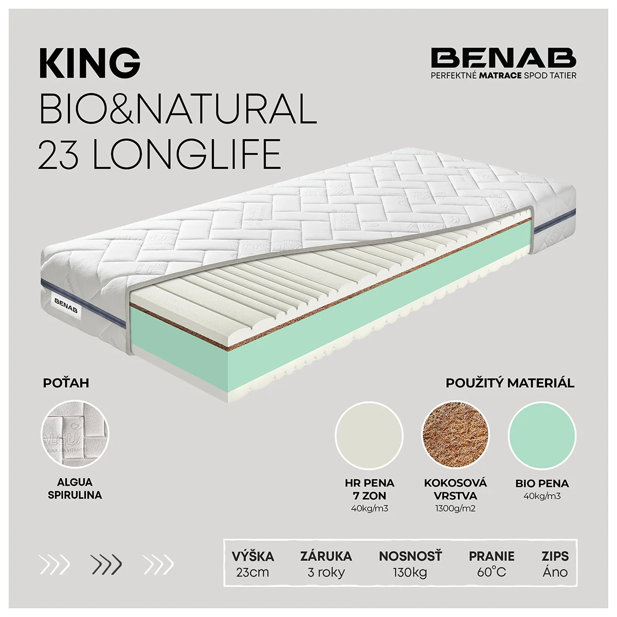 Matrac Benab King Bio&Natural 23 Longlife H3 / H5 120 x 200 cm Matrac zo studenej peny 23 cm sendvičový zónová ortopedické
