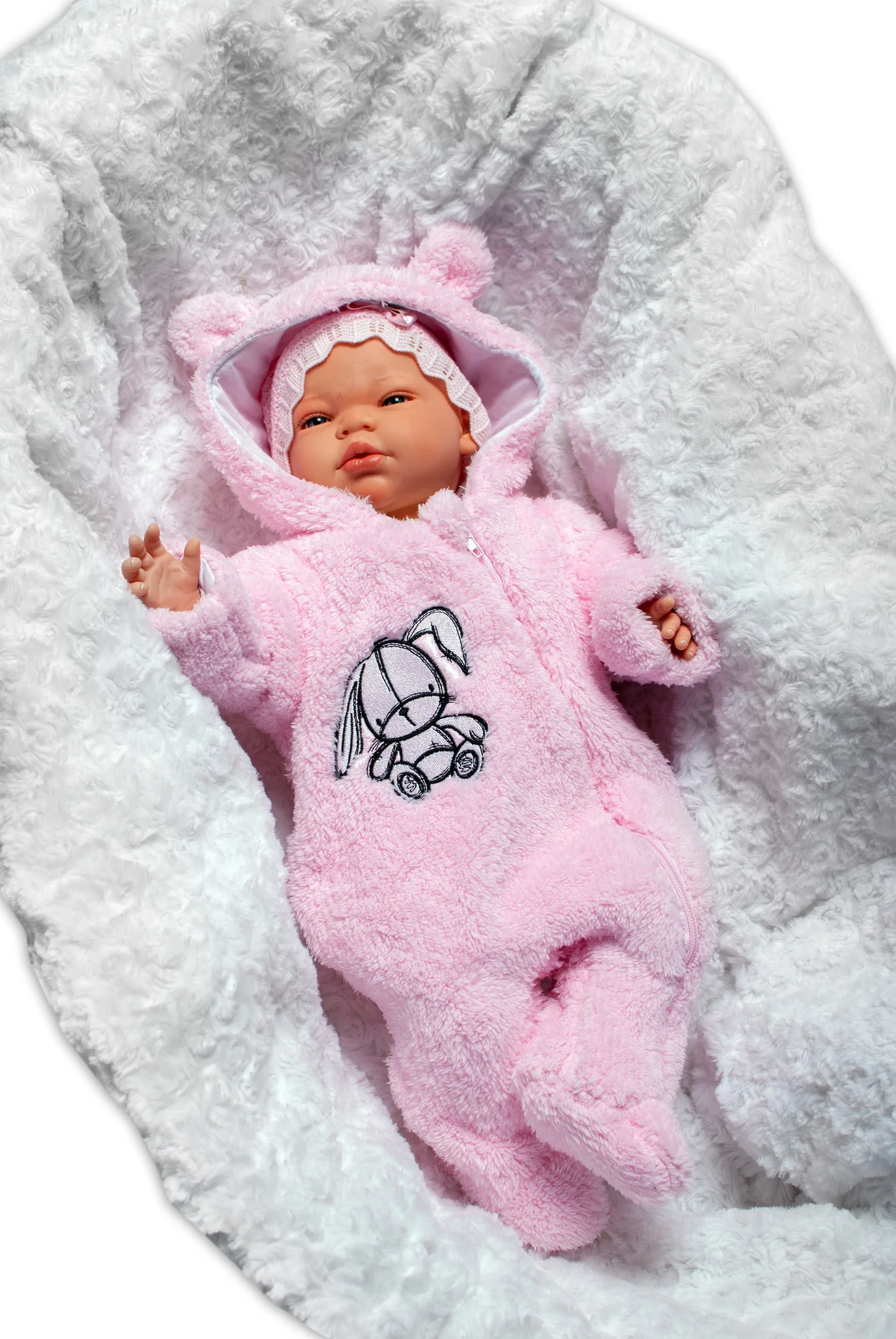 Baby Nellys Chlpáčkový overálek s kapucňou, Cute Bunny - svetlo ružový, veľ. 68