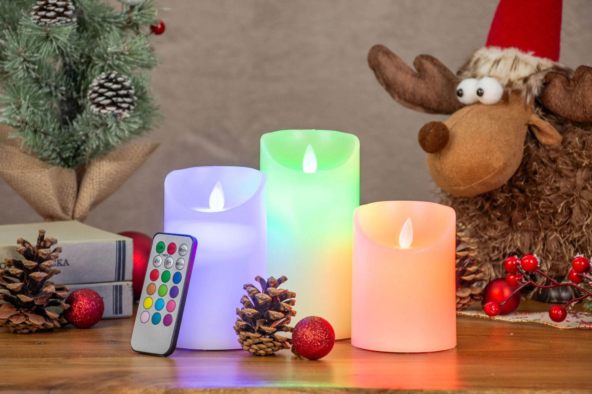 MagicHome voskové LED sviečky RGB, 3 ks 3xAAA, stále svetlo, časovač, pohyblivý plameň, Ø75 mm, výšky 100/125/150 mm