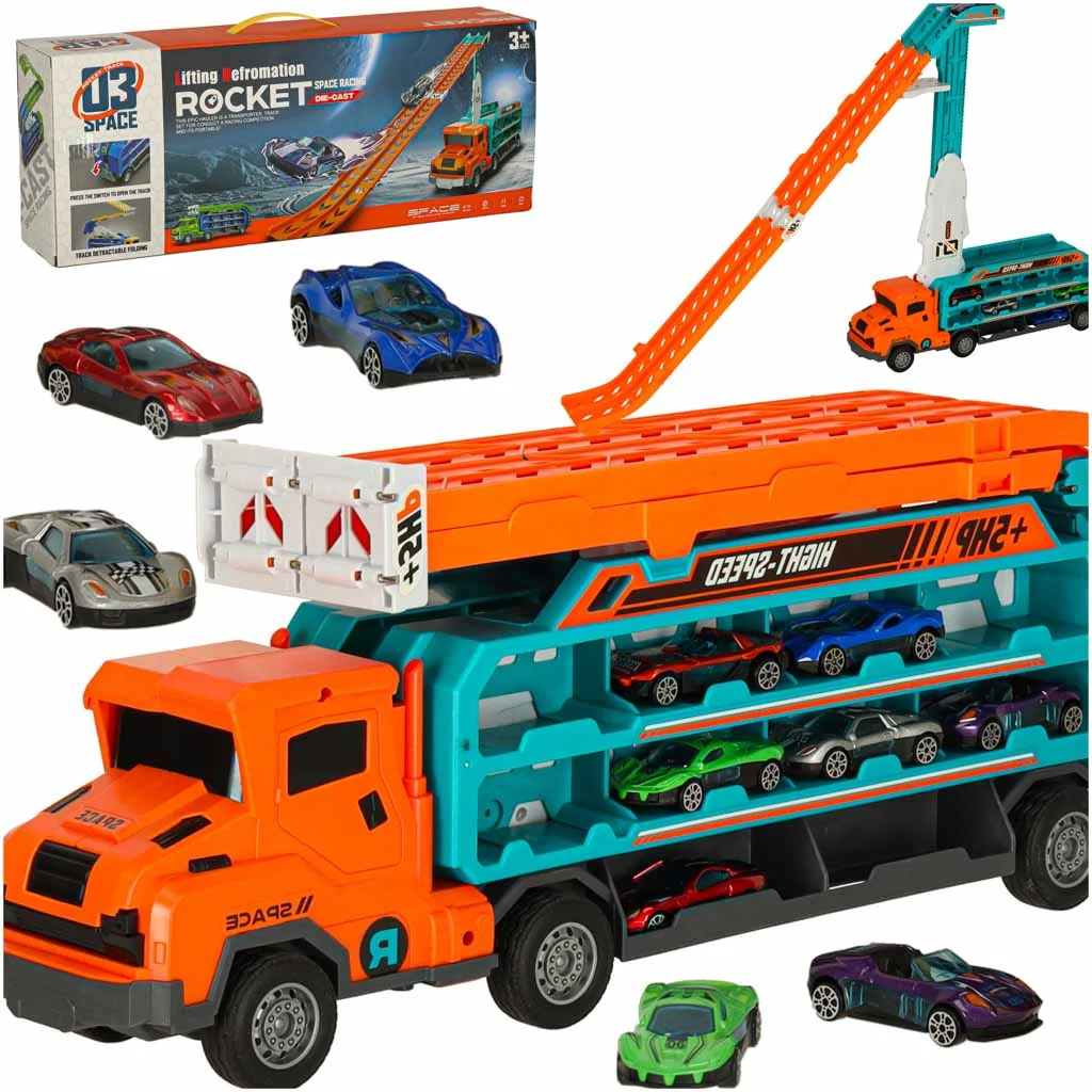 Sklápací transportér so šmýkačkou + 6 autíčok, oranžový