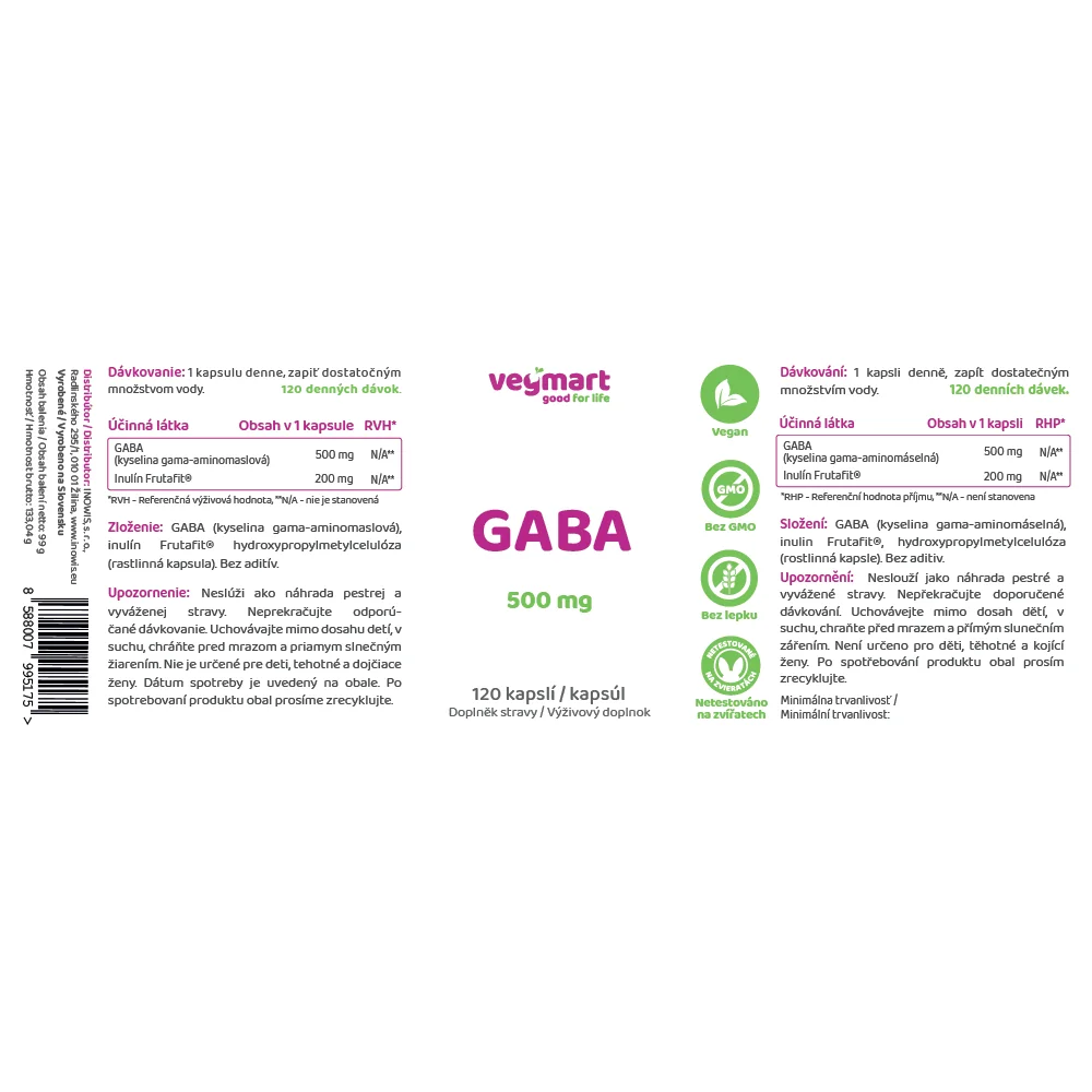 Vegmart GABA 500 mg, 120 kapsúl