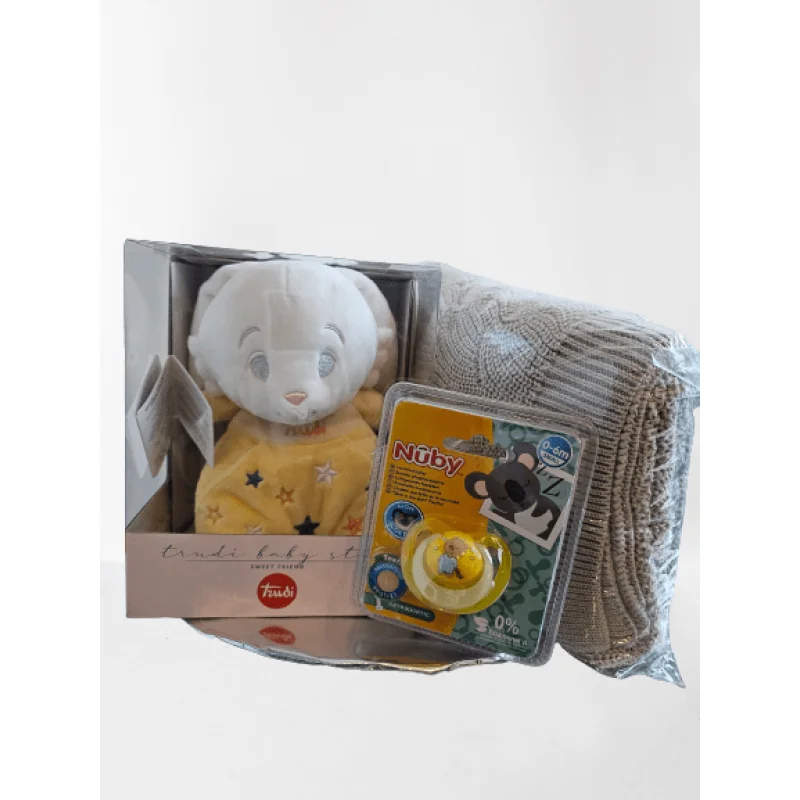 Babys darčekový set pre novorodenca, deka, maznáčik, cumlík, olivová/žltá