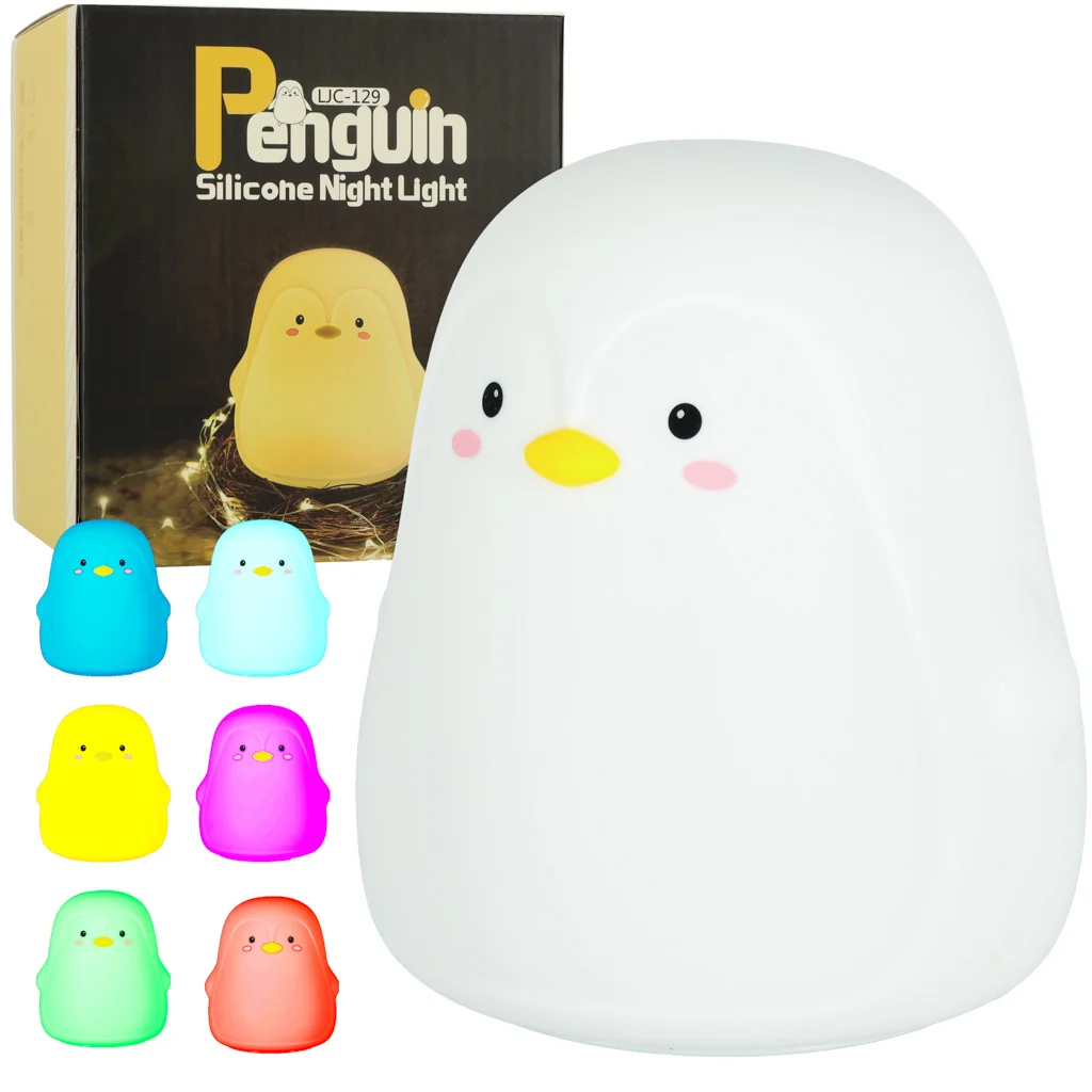 Detská silikónová nočná lampa – tučniak, LED, 1200 mAh, dotykové ovládanie