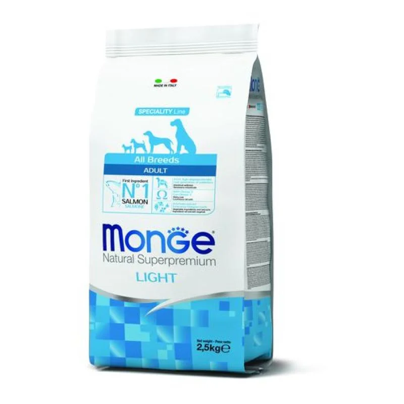 MONGE Natural Superpremium All Breeds Light 2,5kg diétne krmivo losos/ryža pre dospelé psy všetkých plemien