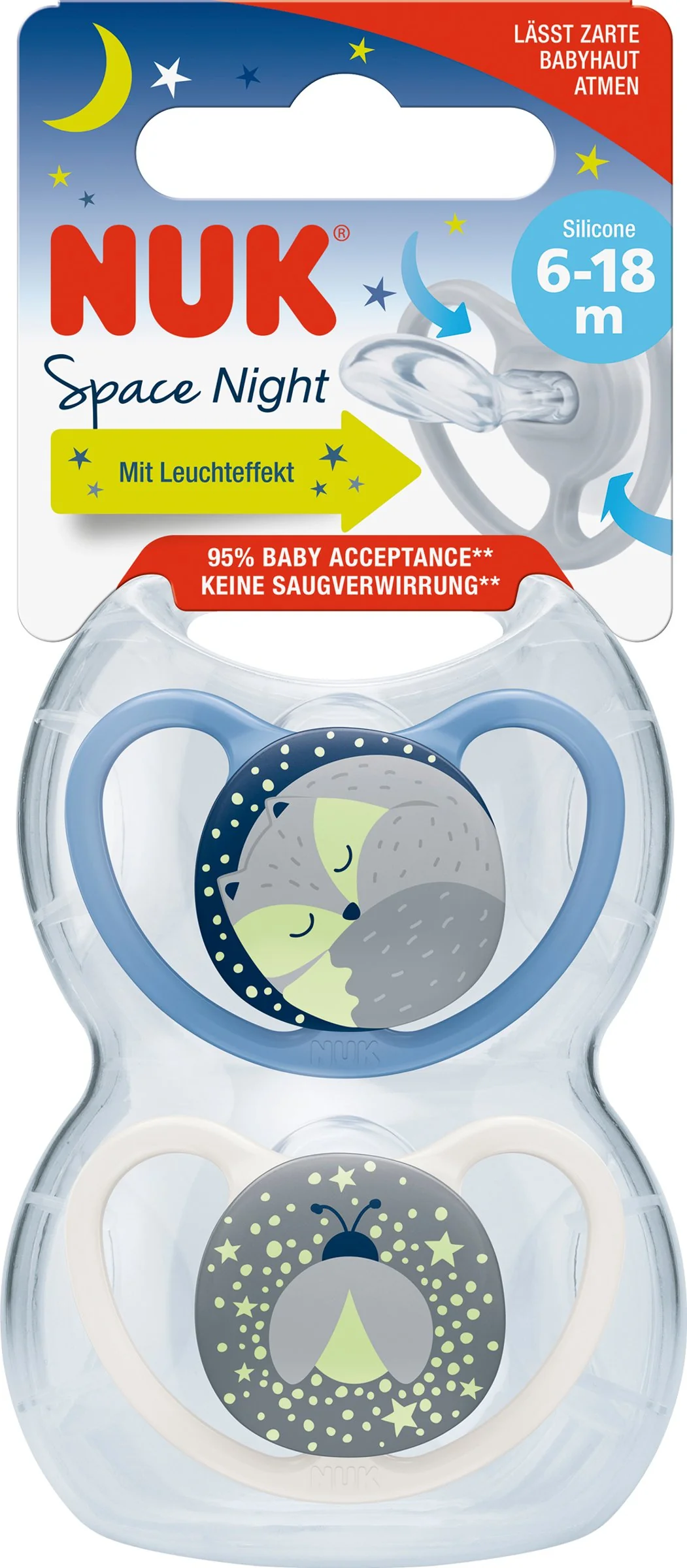 NUK cumlík Space Night, 6-18m, 2 ks  box 1×2 ks, silikónové cumlíky